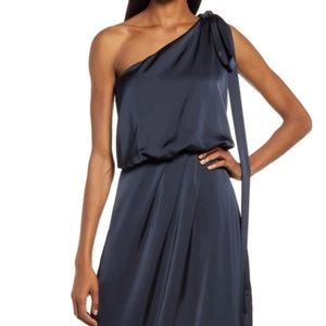 NWT AMYLYNN One Shoulder Satin Dress in Navy Blue, Size Small